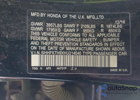 2017 Honda Civic Sport Touring from USA, damaged, VIN SHHFK7H9XHU214540